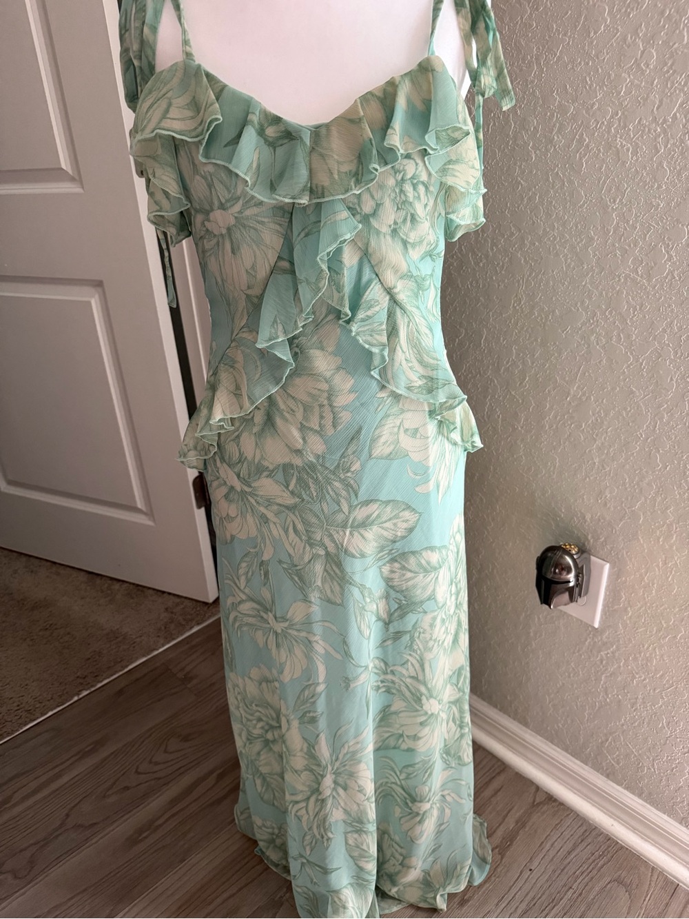 Taylor Light Aqua and Cream Floral Ruffle Maxi Dress